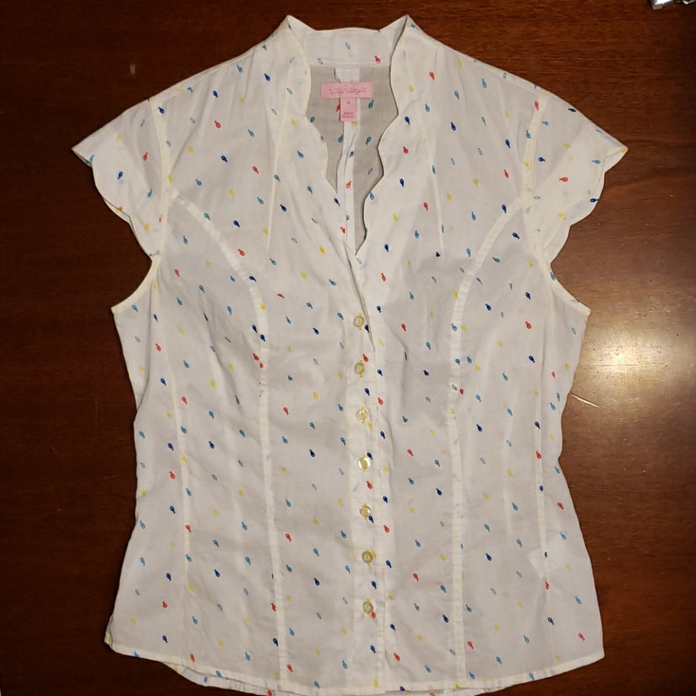 Lilly Pulitzer Scalloped Button Shirt Fish Med